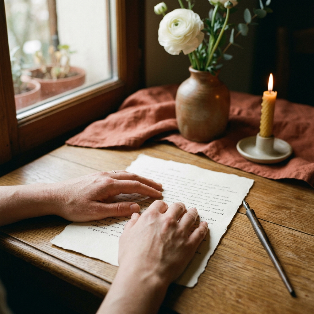 Des mains écrivent un hommage sur une feuille, près d'une fenêtre, lumière douce