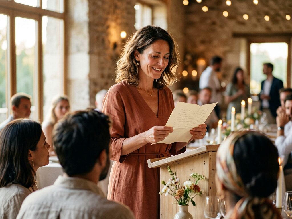 Une femme lit son discours debout lors d'une réception, invités attablés, lumière chaude